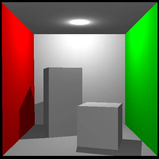 Ray traced rendering of the Cornell Box.