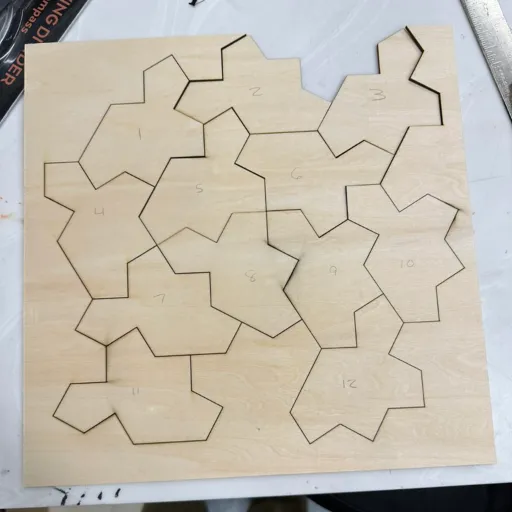 Laser cut aperiodic monotile shapes.