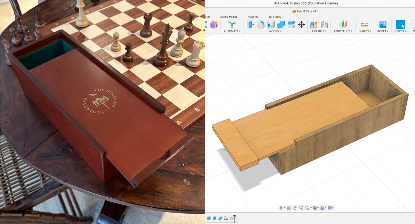The chess set box and my initial design in Autodesk Fusion 360.